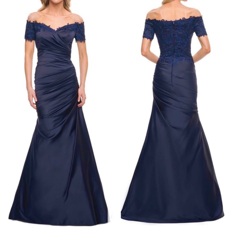 La Femme Off the Shoulder Beaded Satin Trumpet Gown Navy Blue Size 2